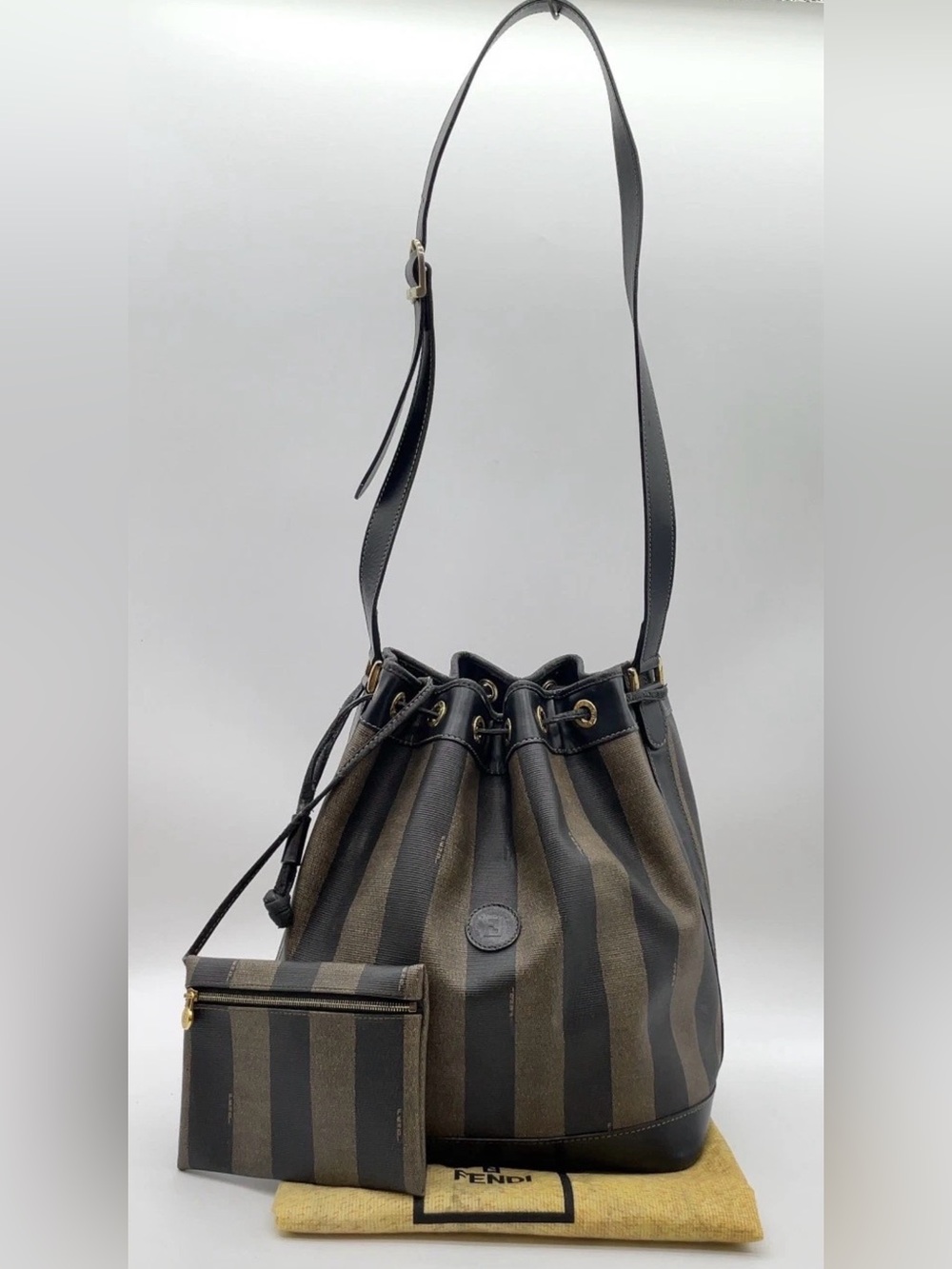 Fendi Striped Drawstring Bucket Bag Brown Black with fendi zip pouch penguin 🐧